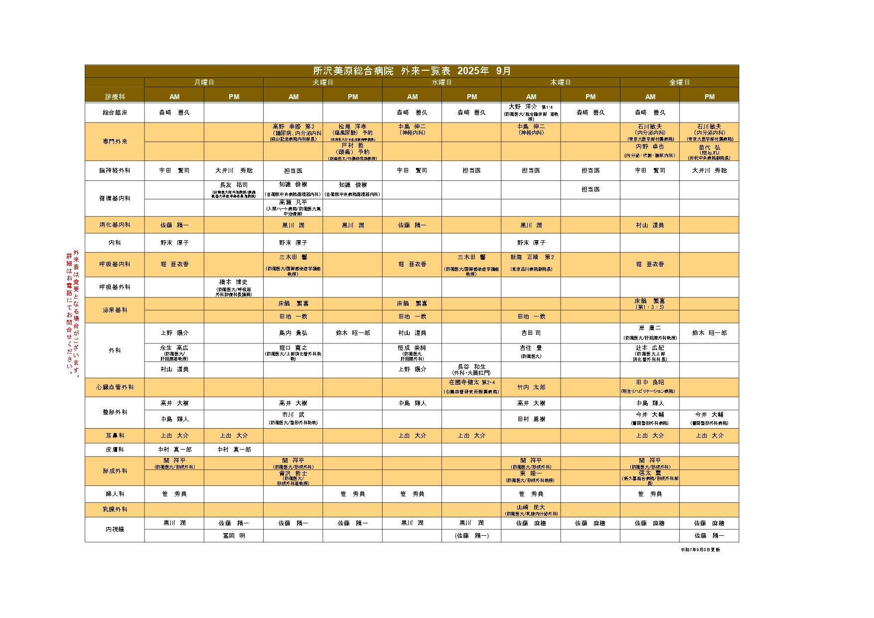 外来担当医表