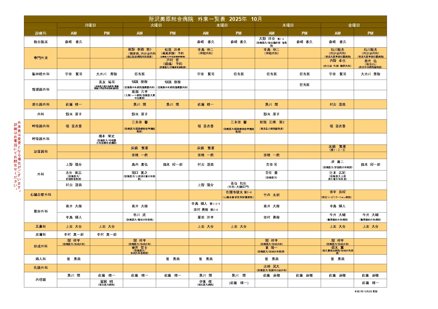 外来担当医表