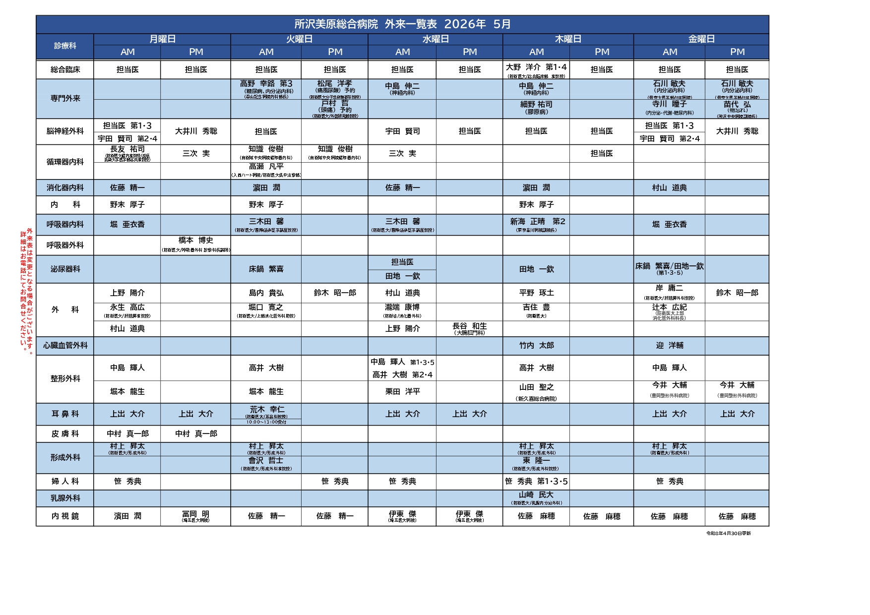 外来担当医表