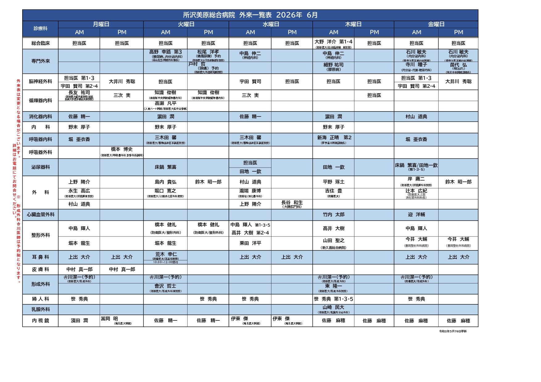 外来担当医表
