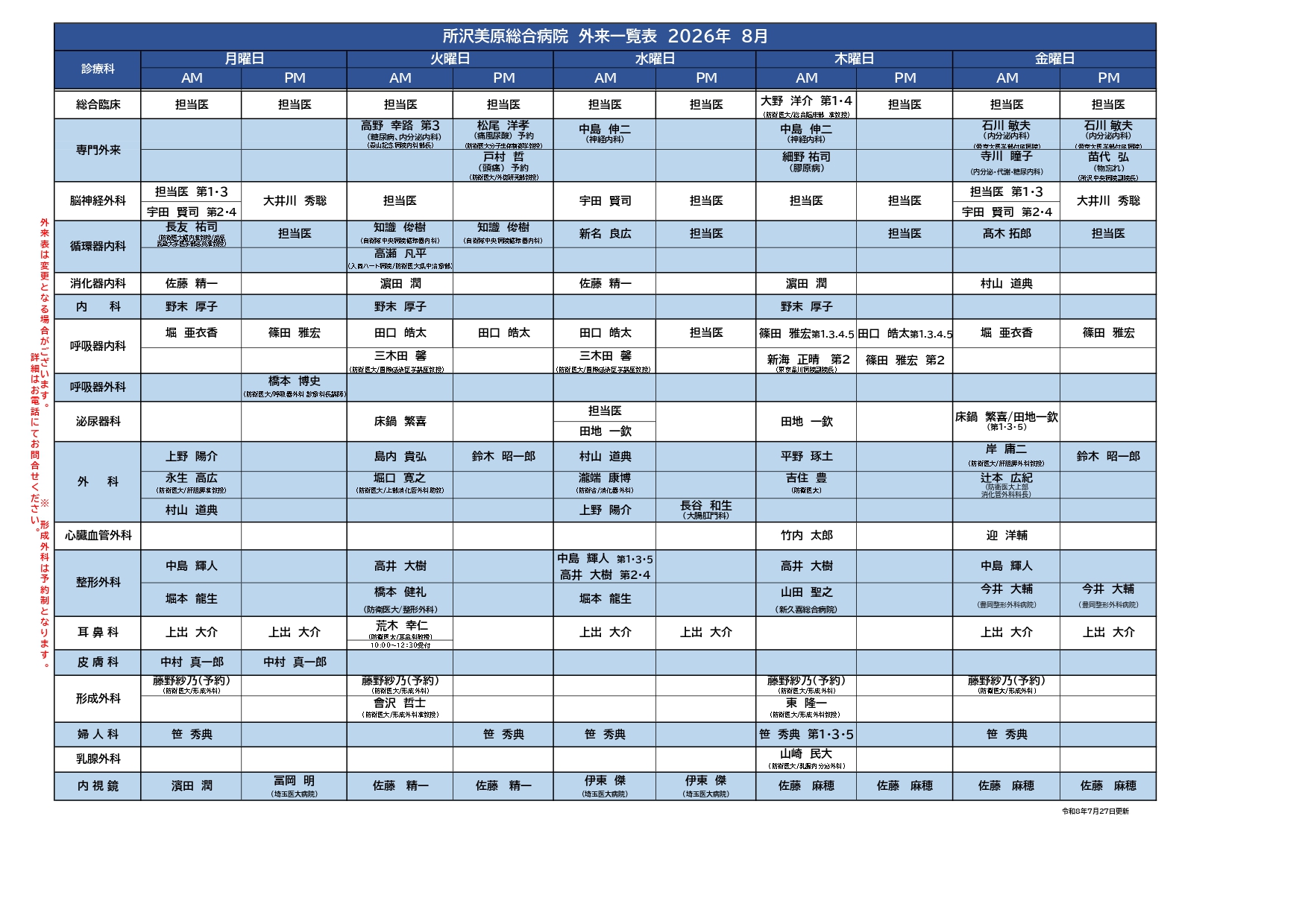 外来担当医表