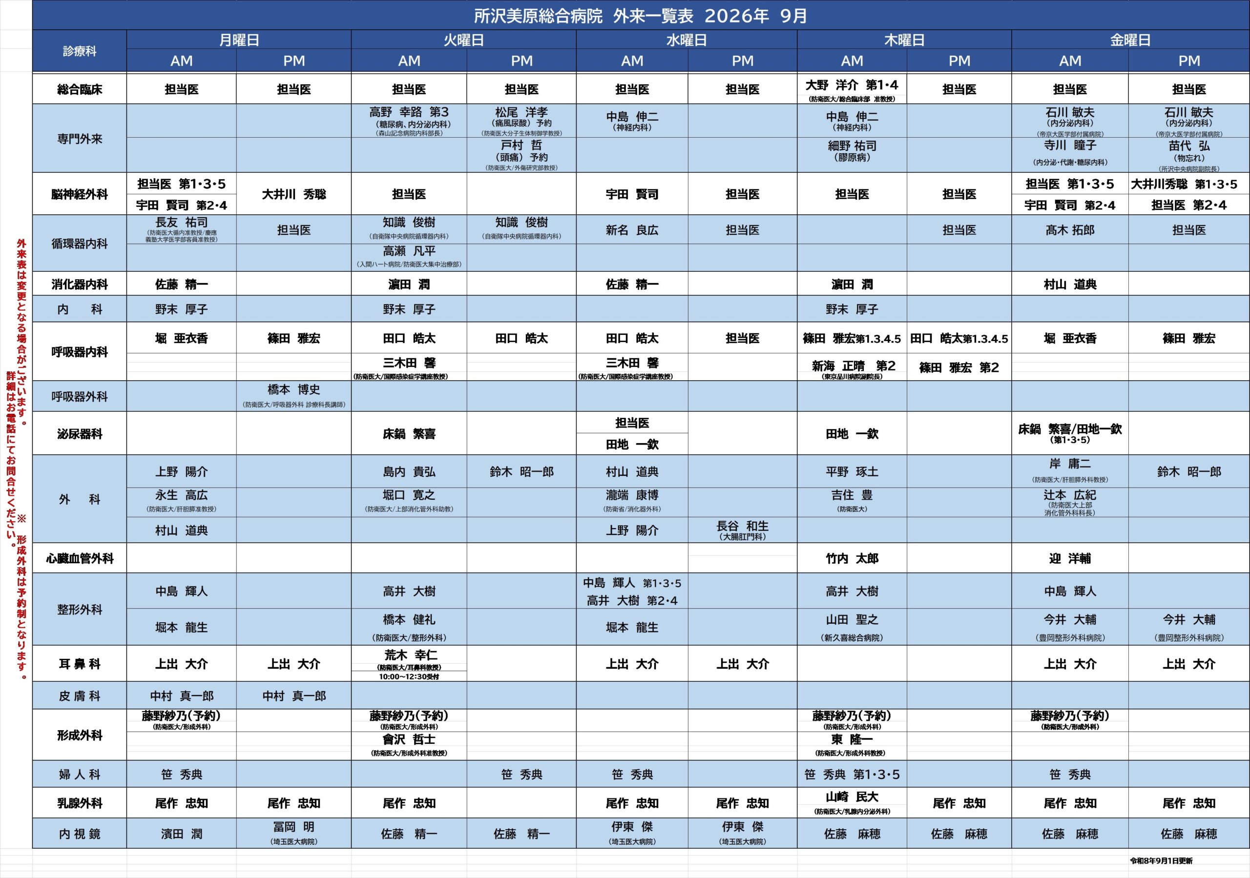 外来担当医表